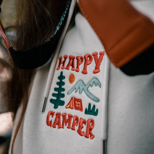 Organic Embroidered "Happy Camper" Hoodie - Stoked&Woke Clothing