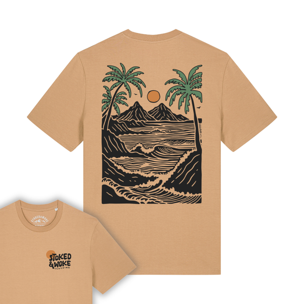 A tan crewneck t-shirt shown from both the front and back. The back features a large graphic print of a tropical landscape with palm trees, mountains, waves, and a sun in black and green.