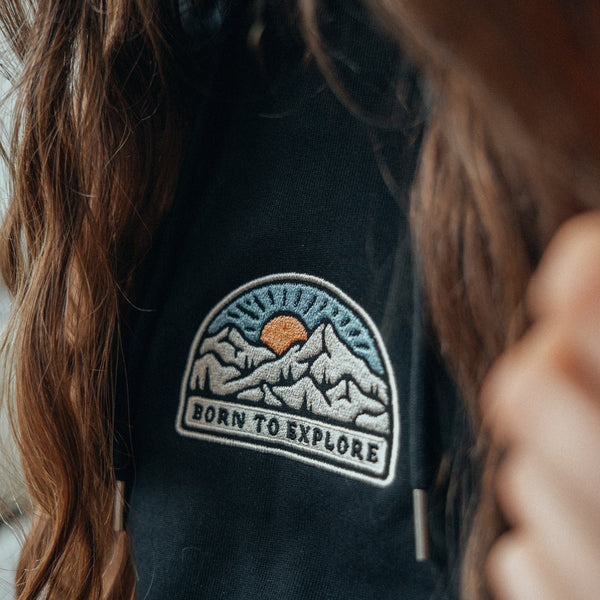 Organic Embroidered "Born To Explore" Hoodie - Stoked&Woke Clothing