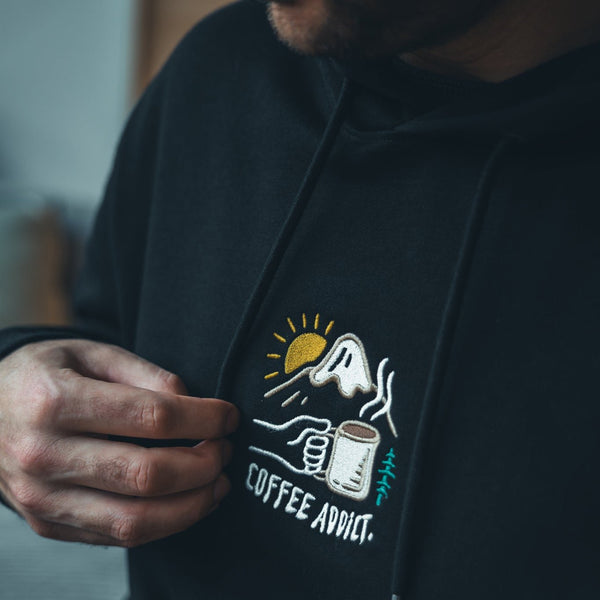 Organic Embroidered "Coffee Addict" Hoodie - Stoked&Woke Clothing