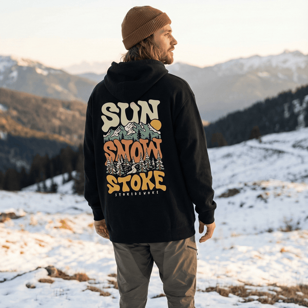 Organic "Sun, Snow, Stoke" Hoodie - Stoked&Woke Clothing